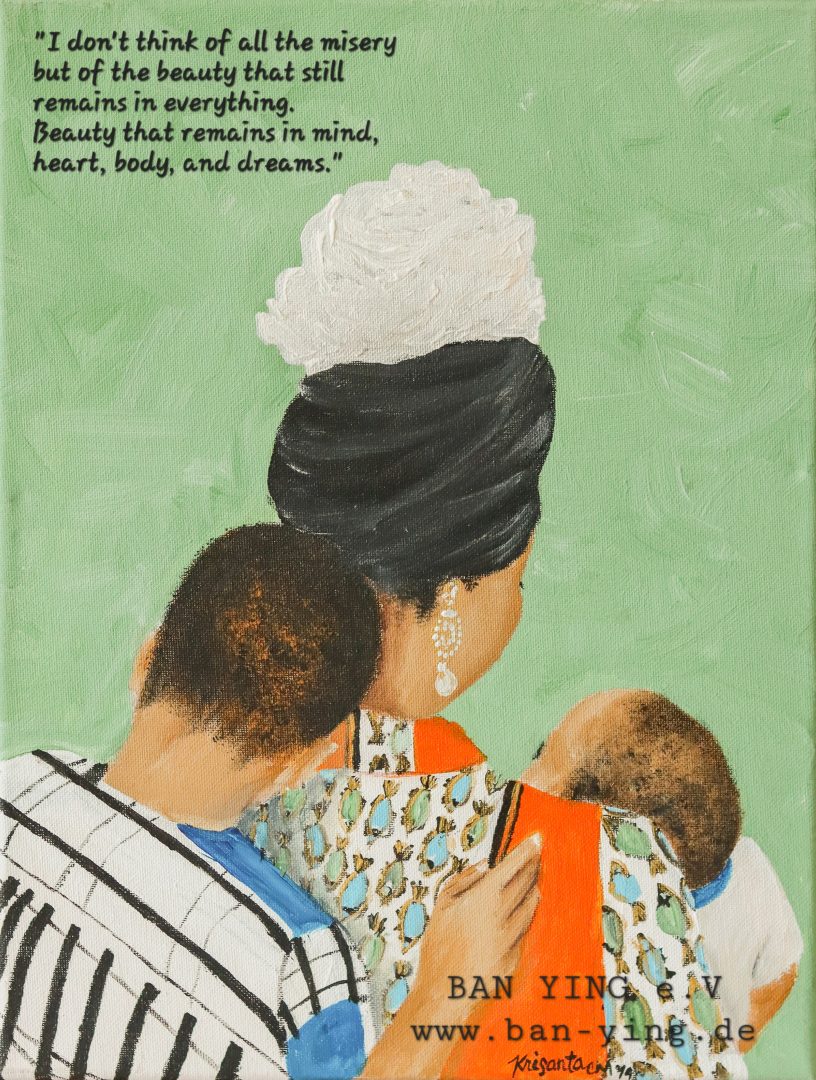 Back portrait of woman with two children with quote