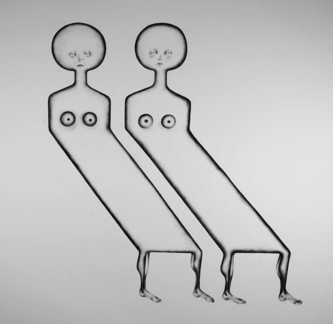 Illustration of two abstract hybrids between women and beds.